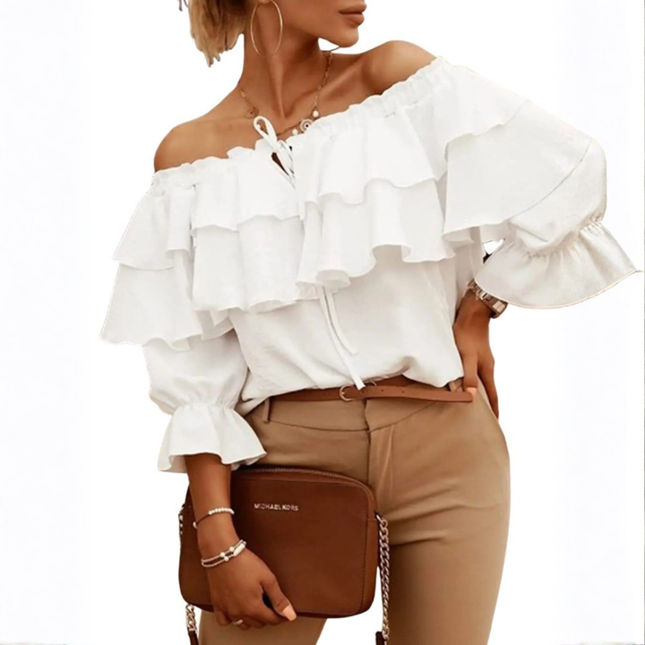 White tiered ruffle off-shoulder blouse with front tie detail