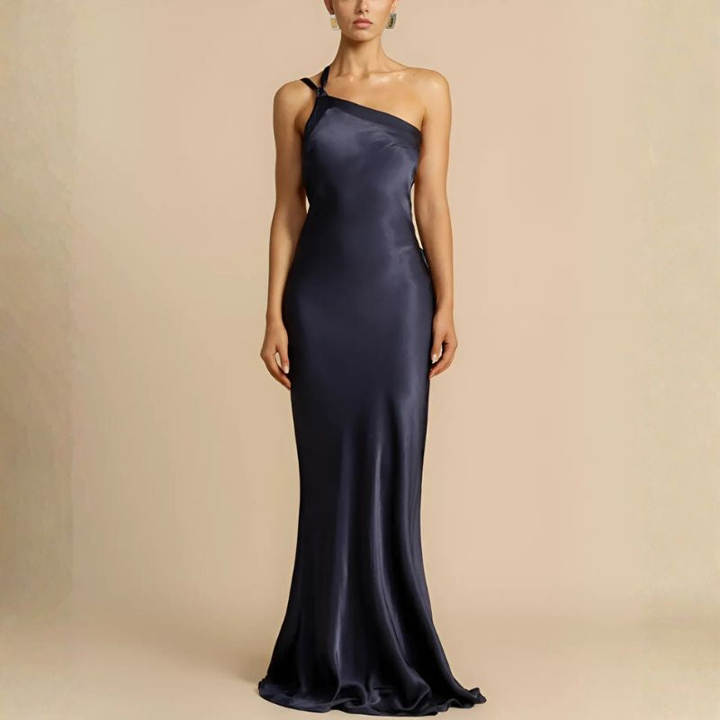 Navy blue one-shoulder satin slip dress with knot detail and flare hem