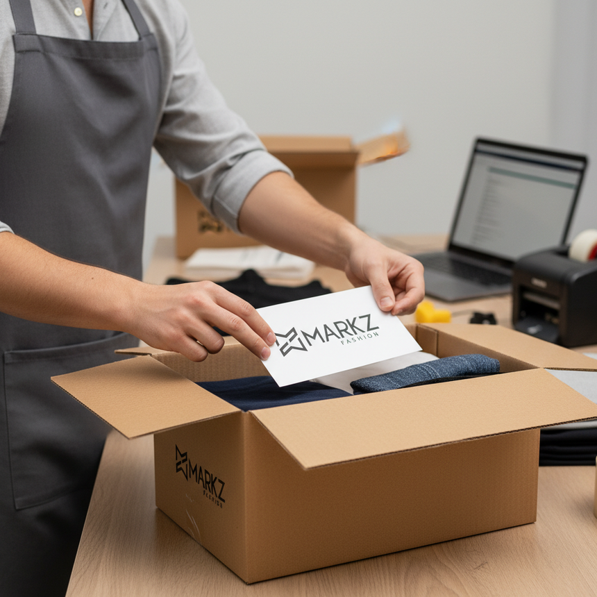 Person in an apron placing a branded card into a cardboard box on a desk for Markz Fashion