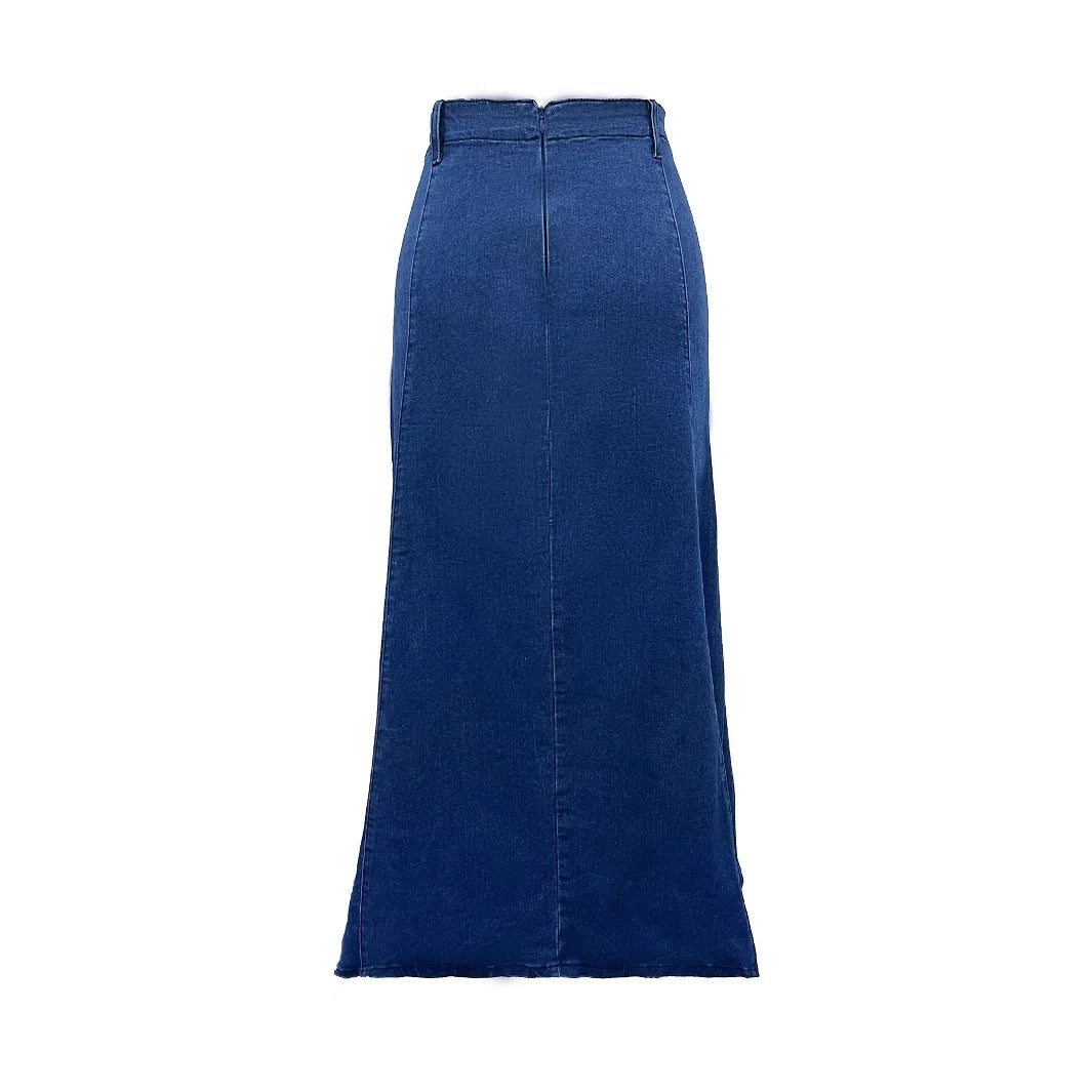 Plus Size Long Denim Skirt – Comfortable Artistic Retro Style with Stretch Material 3