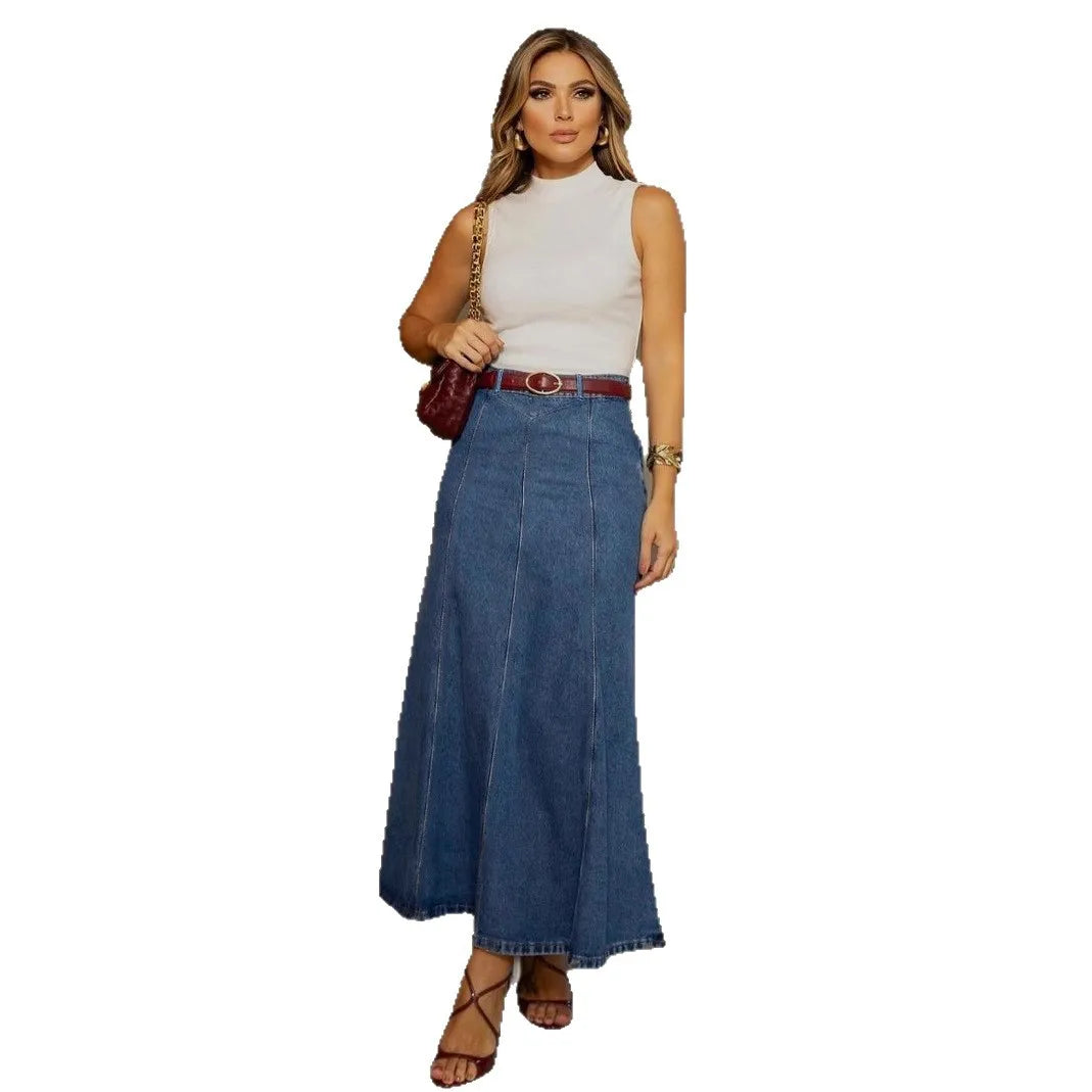 Plus Size Long Denim Skirt – Comfortable Artistic Retro Style with Stretch Material 4