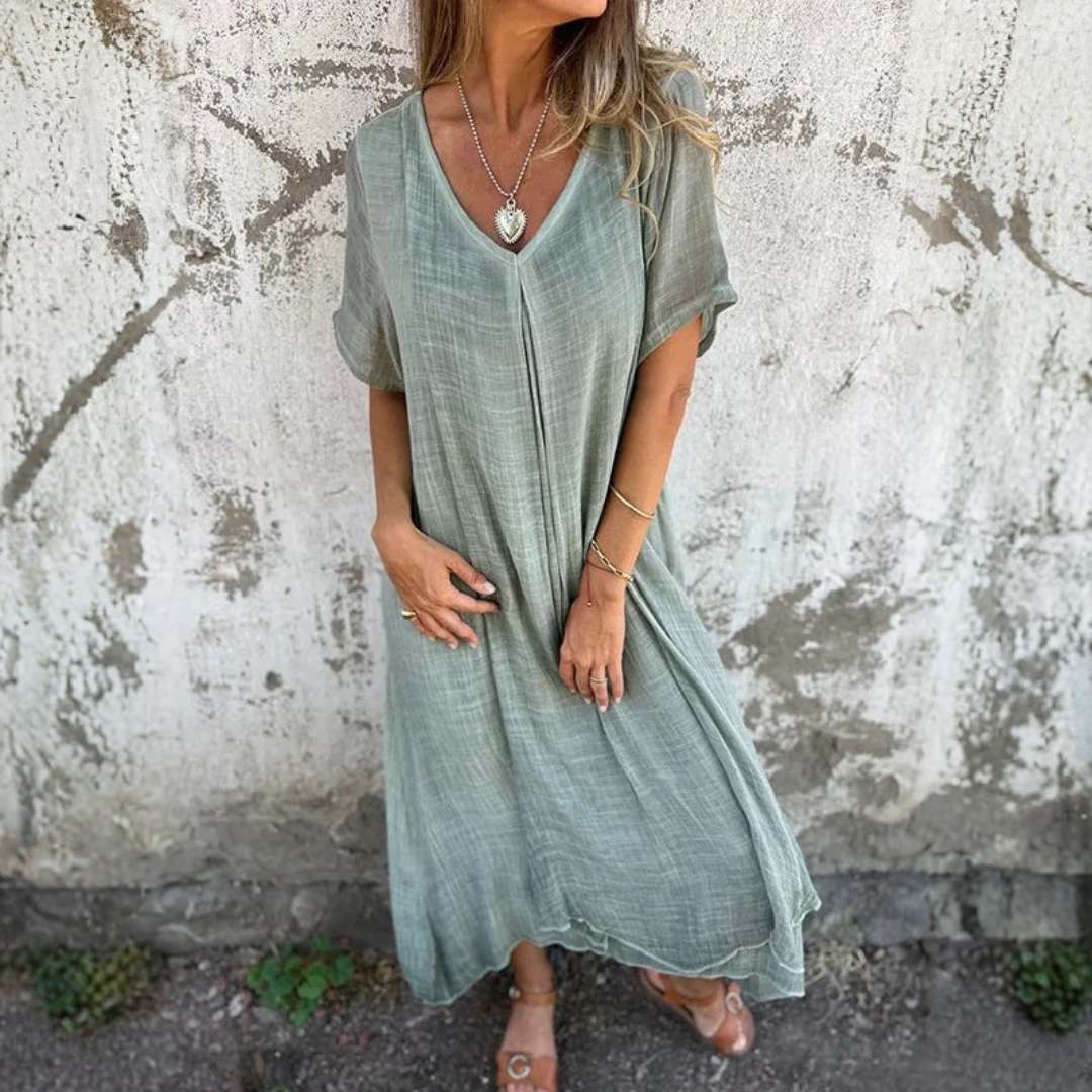 Plus Size Women's Summer Maxi Dress – Loose Fit V-Neck in Lightweight Cotton Blend