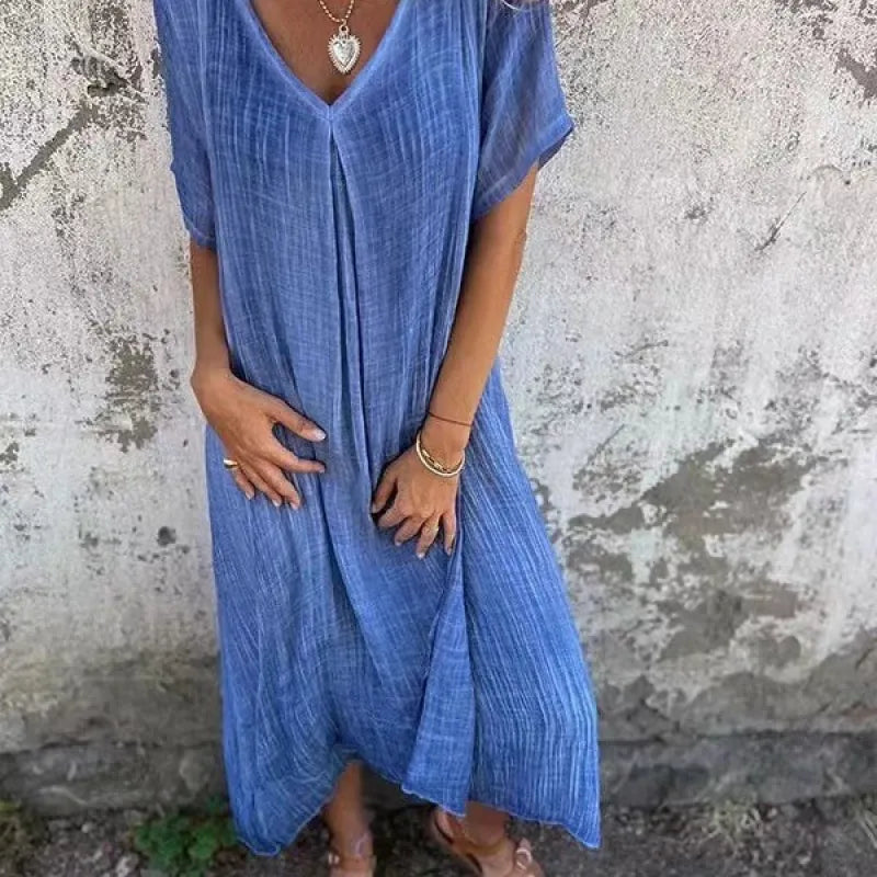 Plus Size Women's Summer Maxi Dress – Loose Fit V-Neck in Lightweight Cotton Blend