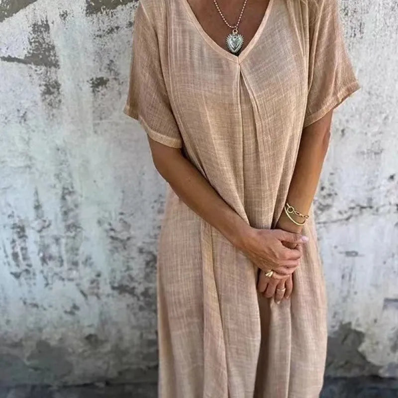 Plus Size Women's Summer Maxi Dress – Loose Fit V-Neck in Lightweight Cotton Blend