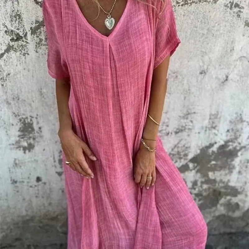 Plus Size Women's Summer Maxi Dress – Loose Fit V-Neck in Lightweight Cotton Blend