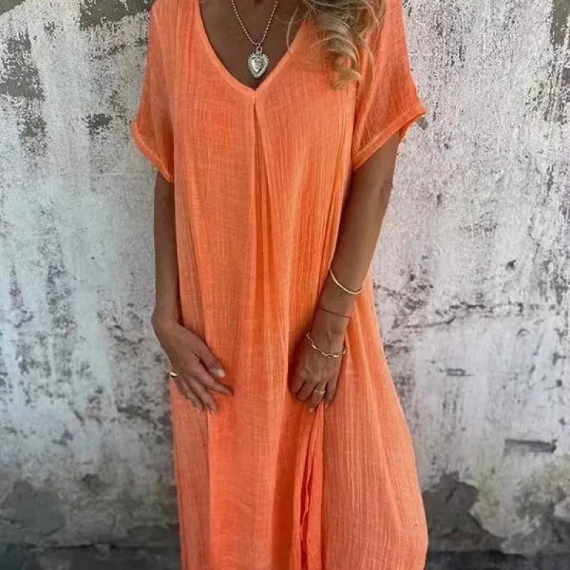 Plus Size Women's Summer Maxi Dress – Loose Fit V-Neck in Lightweight Cotton Blend