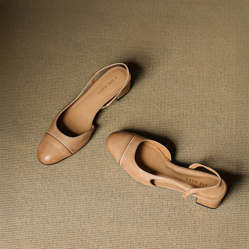 Tan handmade leather slingback heels with cap-toe detail and block heel
