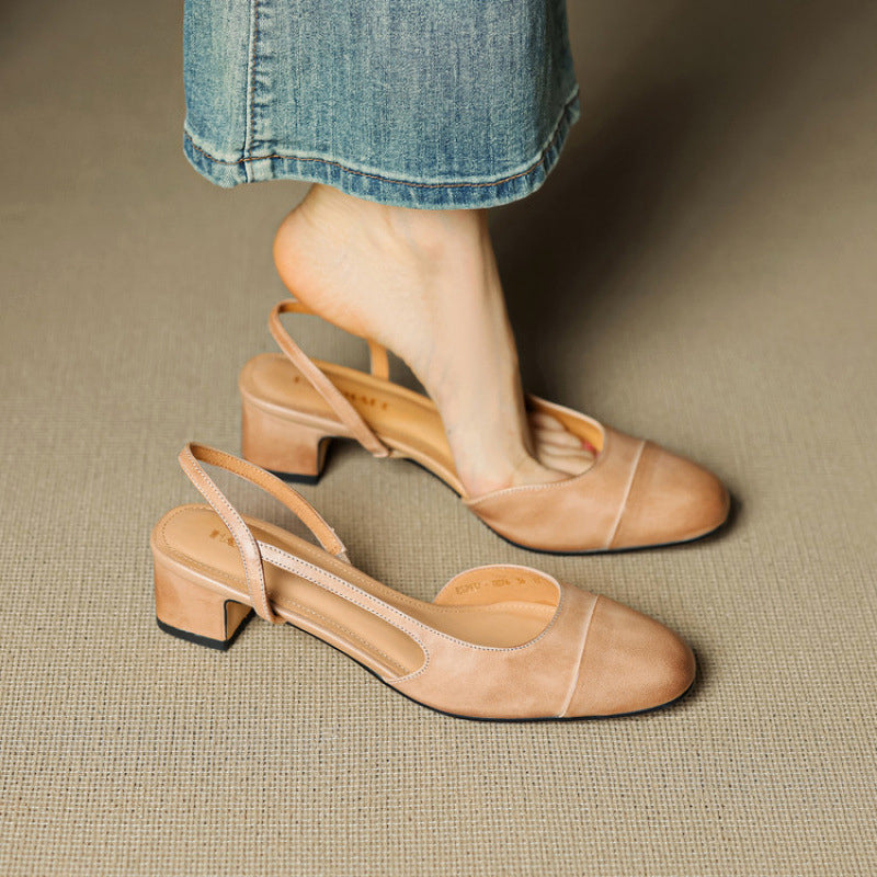 Tan leather round toe slingback pumps with low block heel and side cutout