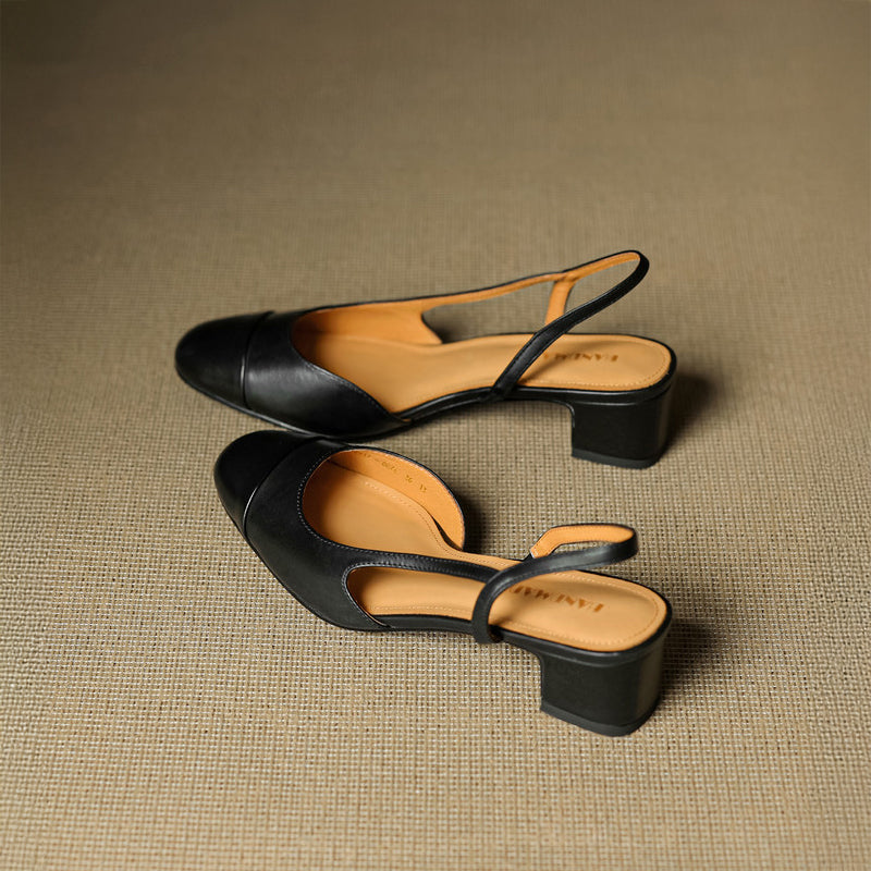 Black leather square toe slingback pumps with solid block heel rear view
