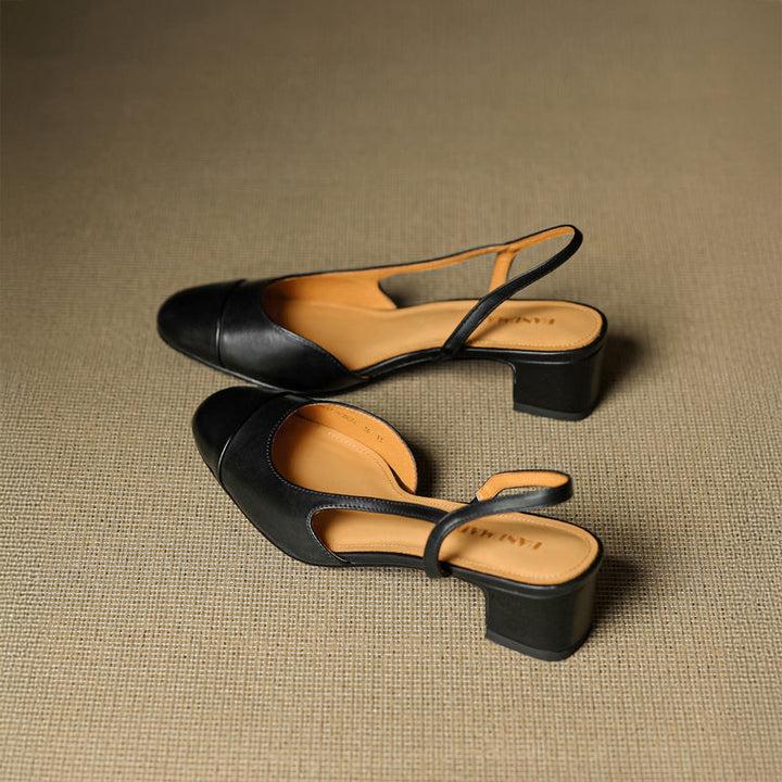 Black leather square toe slingback pumps with solid block heel rear view