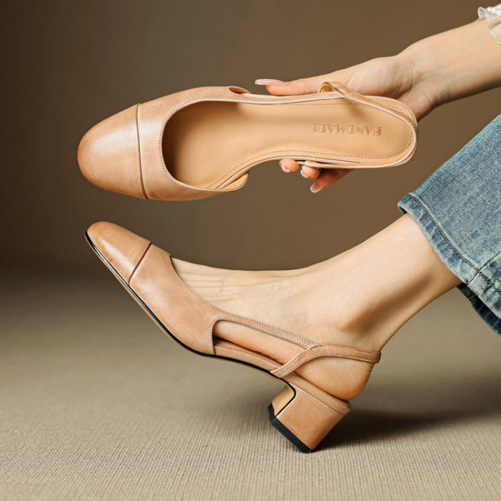 Women's tan leather slingback pumps showing inner sole and side cutout fit