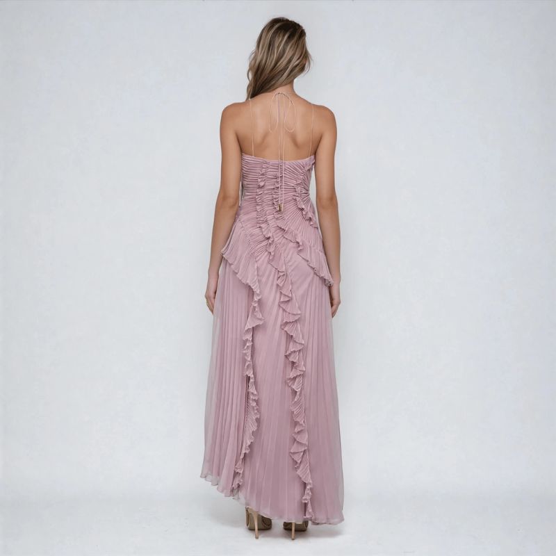 Soft purple halter neck high low maxi dress back view with pleated ruffles