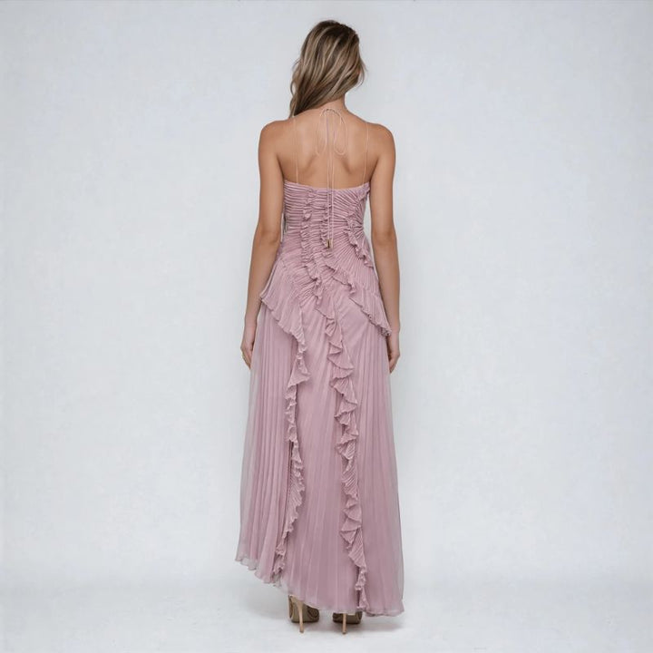Soft purple halter neck high low maxi dress back view with pleated ruffles