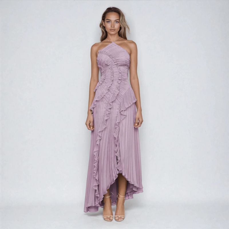 Front view soft purple one shoulder pleated maxi dress with tiered ruffles