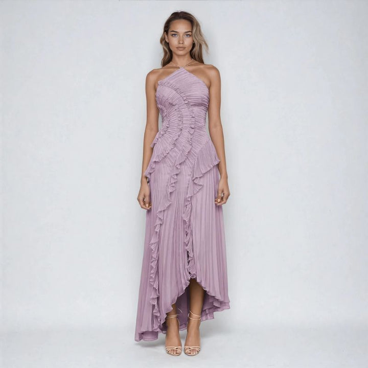 Front view soft purple one shoulder pleated maxi dress with tiered ruffles