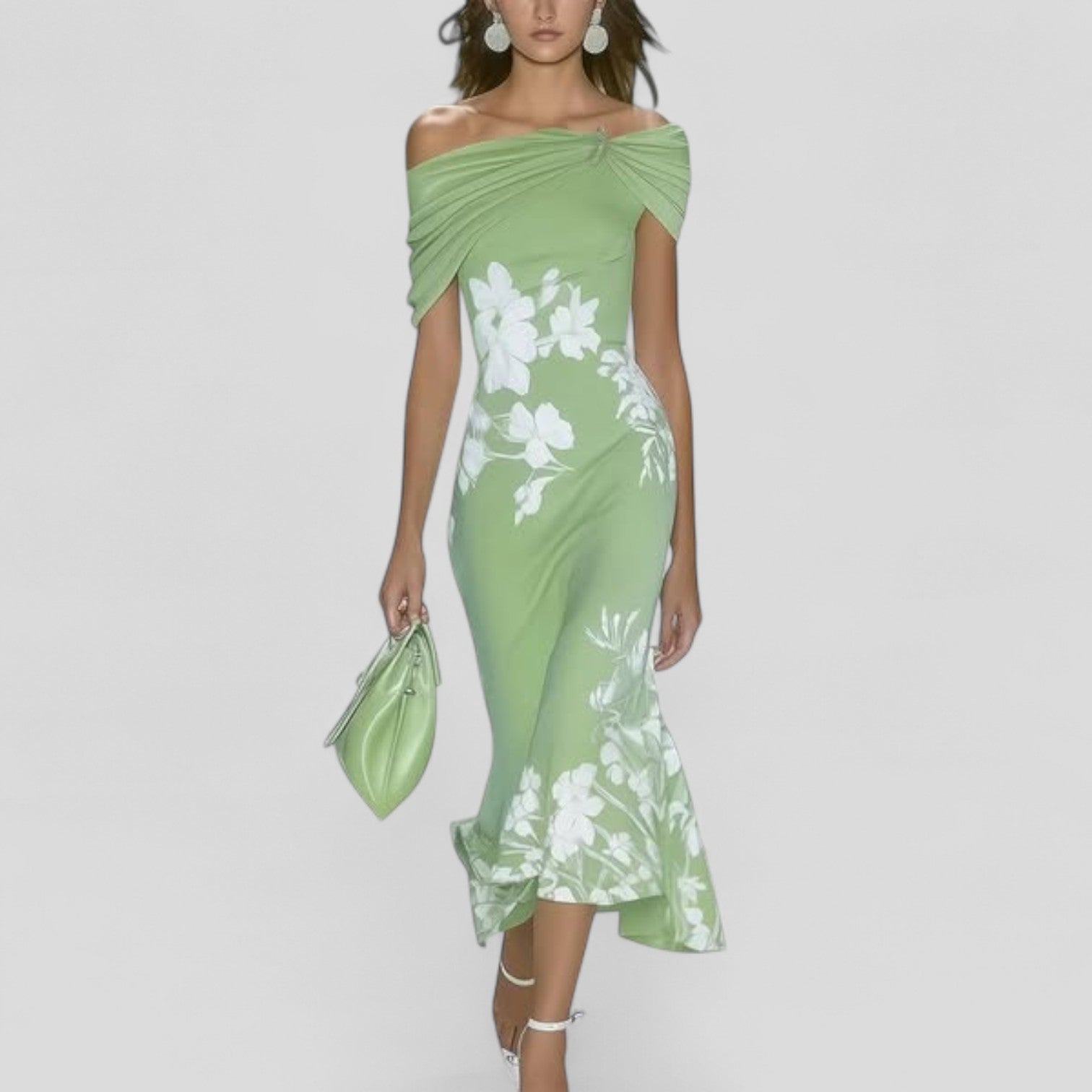 Sage green fitted off-shoulder floral midi dress with white print and flowing skirt
