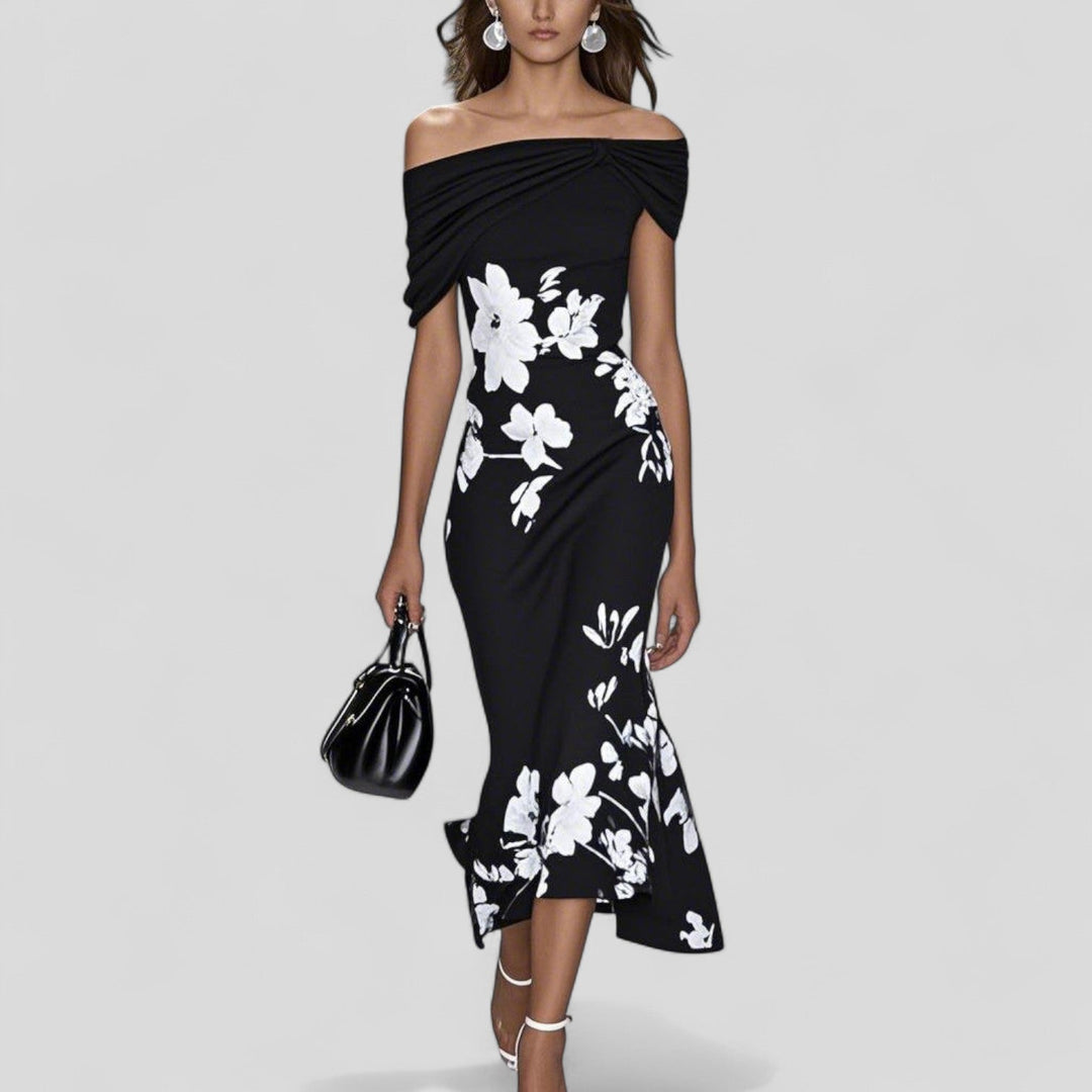 Black off-shoulder floral midi dress with ruched neckline and asymmetrical mermaid hem