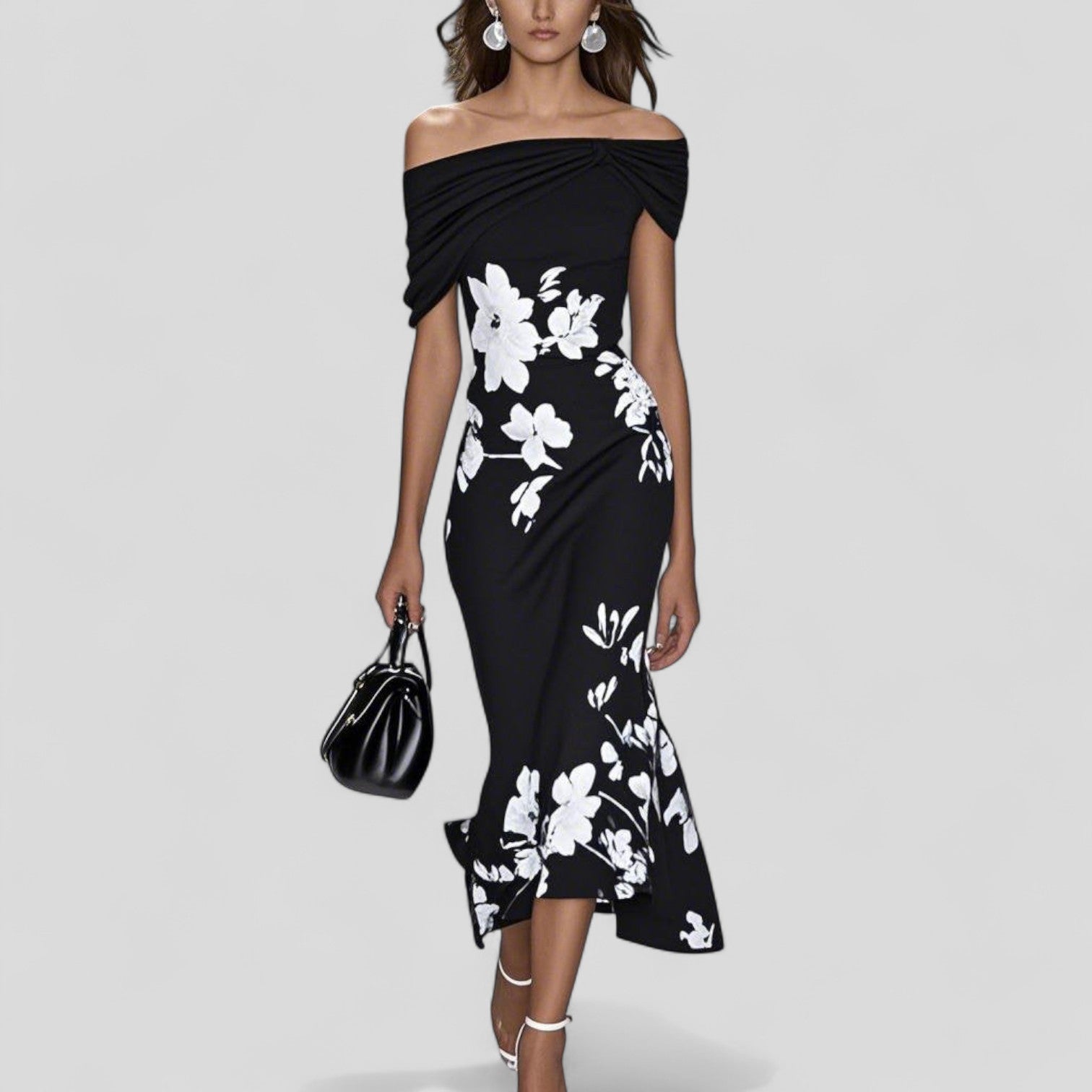 Black off-shoulder floral midi dress with ruched neckline and asymmetrical mermaid hem