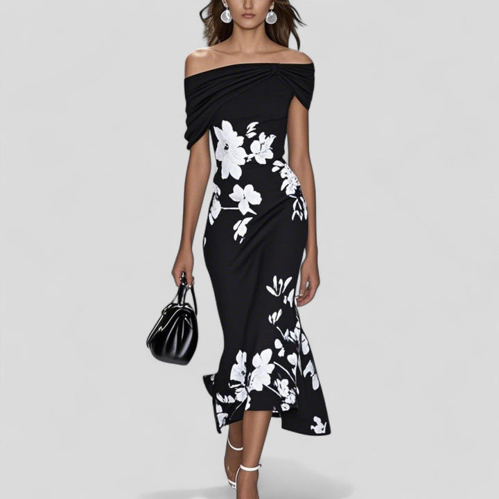 Black off-shoulder floral midi dress with ruched neckline and asymmetrical mermaid hem