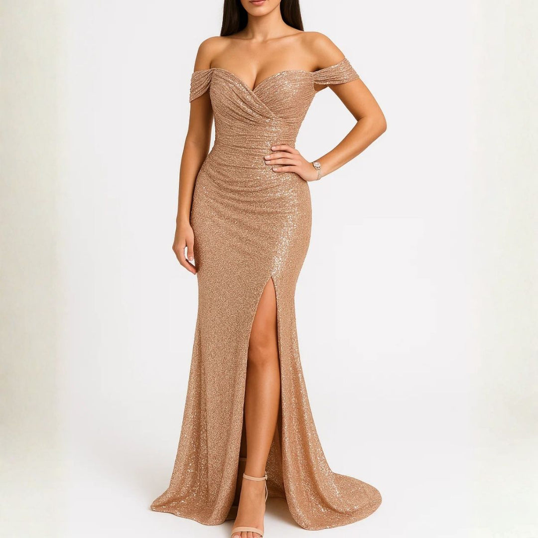 Rose gold off-shoulder sequin gown with thigh-high slit and flowing skirt