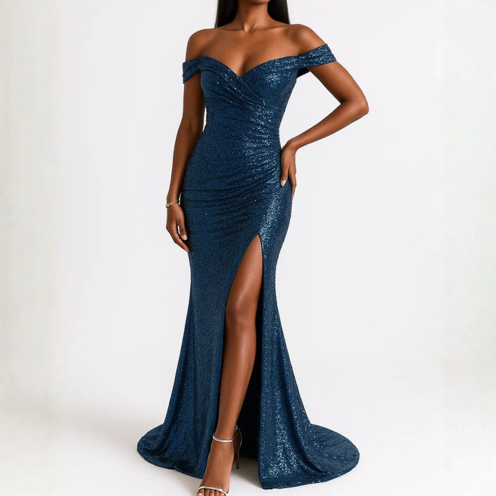 Deep blue mermaid sequin dress featuring draped neckline and high slit