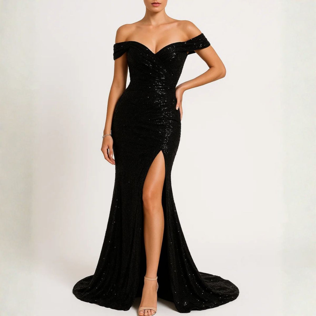 Black off-shoulder sequin evening gown with ruched waist and thigh slit