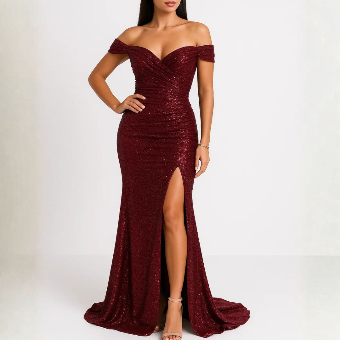 Burgundy sparkly mermaid dress with ruched waist and floor-length hem