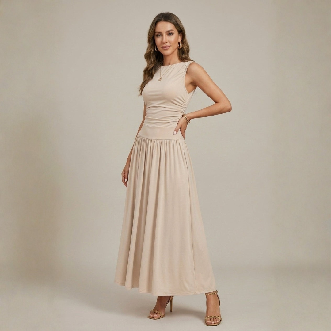 Taupe sleeveless maxi dress featuring ruched detailing