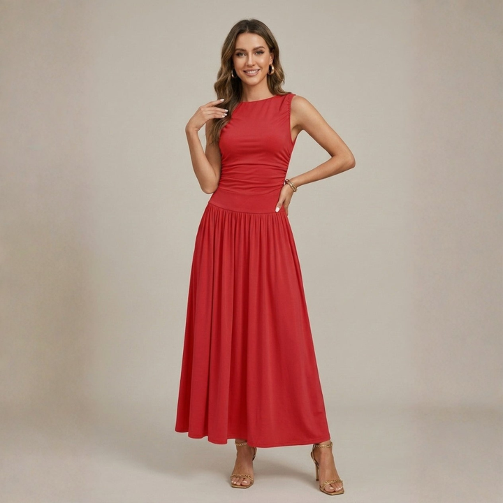 Red ruched side seam maxi dress with elasticated waist