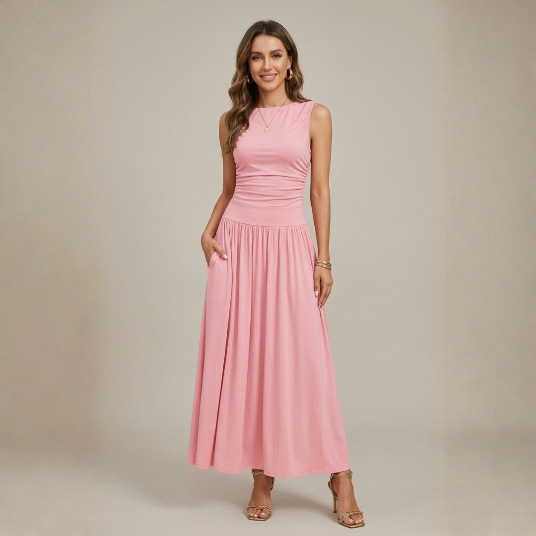 Pink sleeveless high-waisted maxi dress full length front view