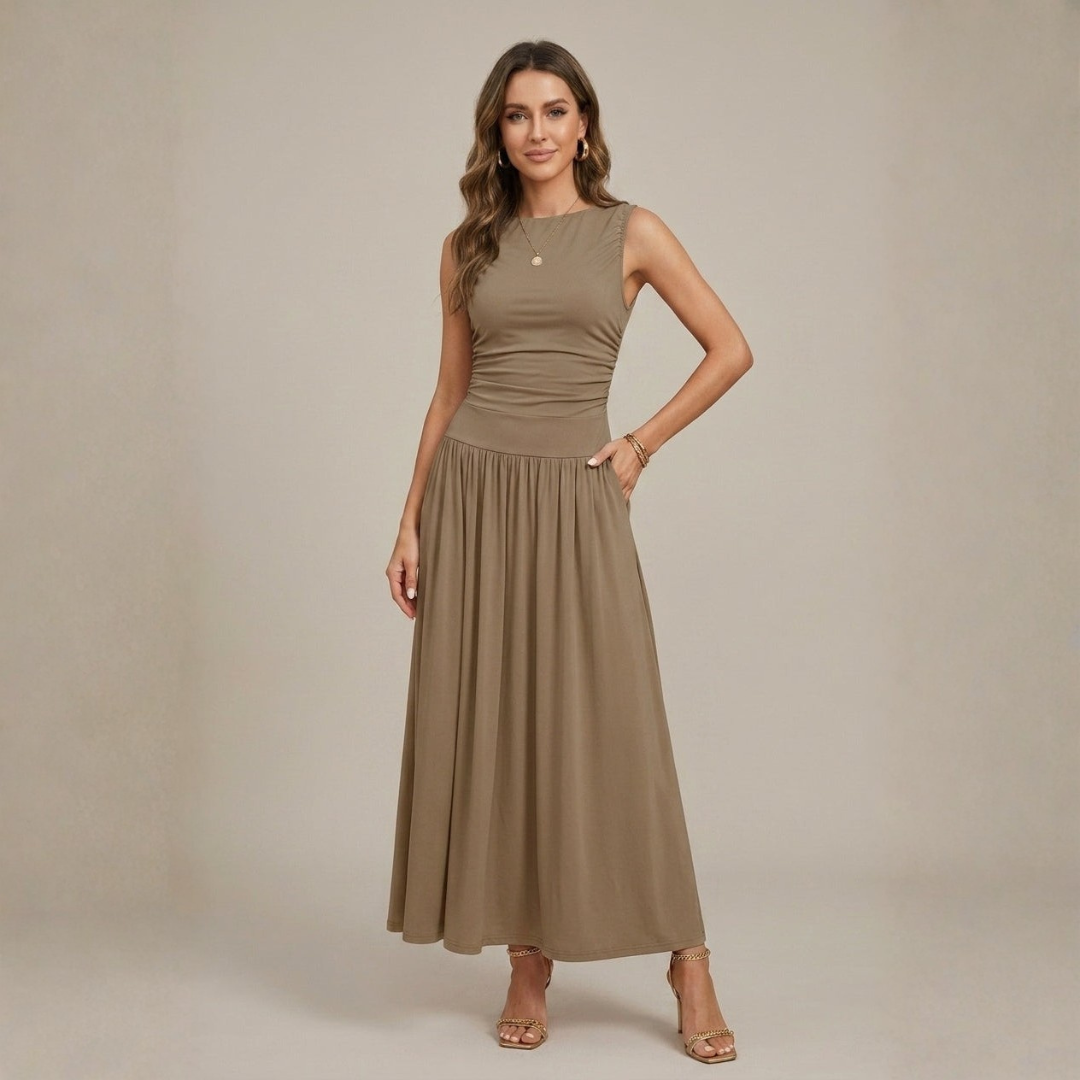 Olive green flowy maxi dress with round neckline and pockets