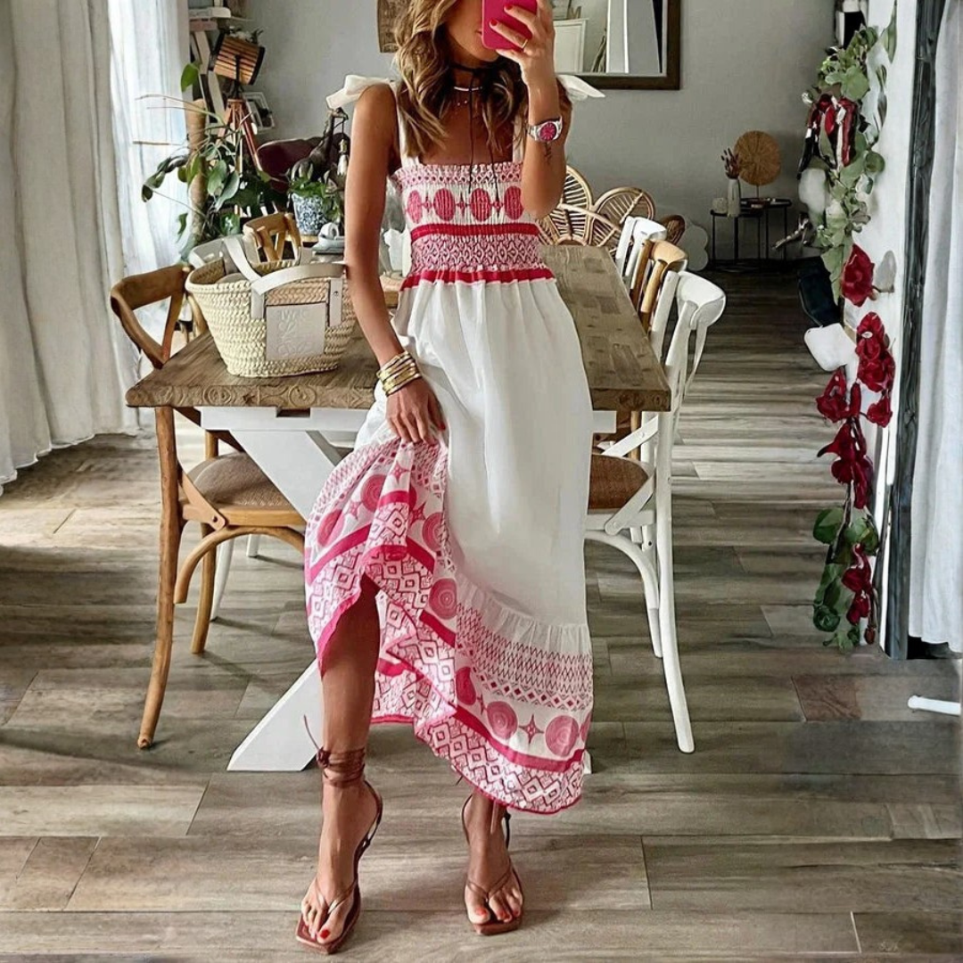 White pink patterned maxi dress high side slit view with strappy sandals