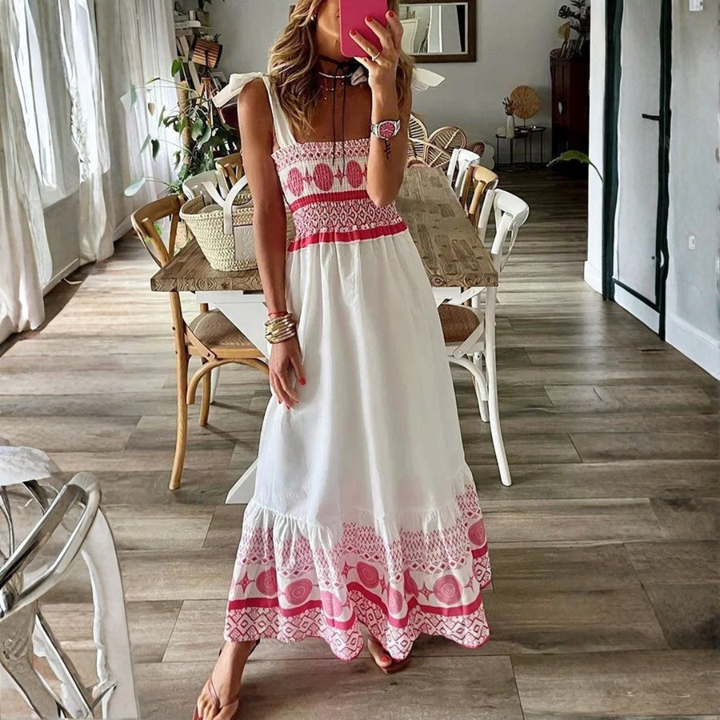 Smocked white and pink floral maxi dress full length fit tiered ruffle hem