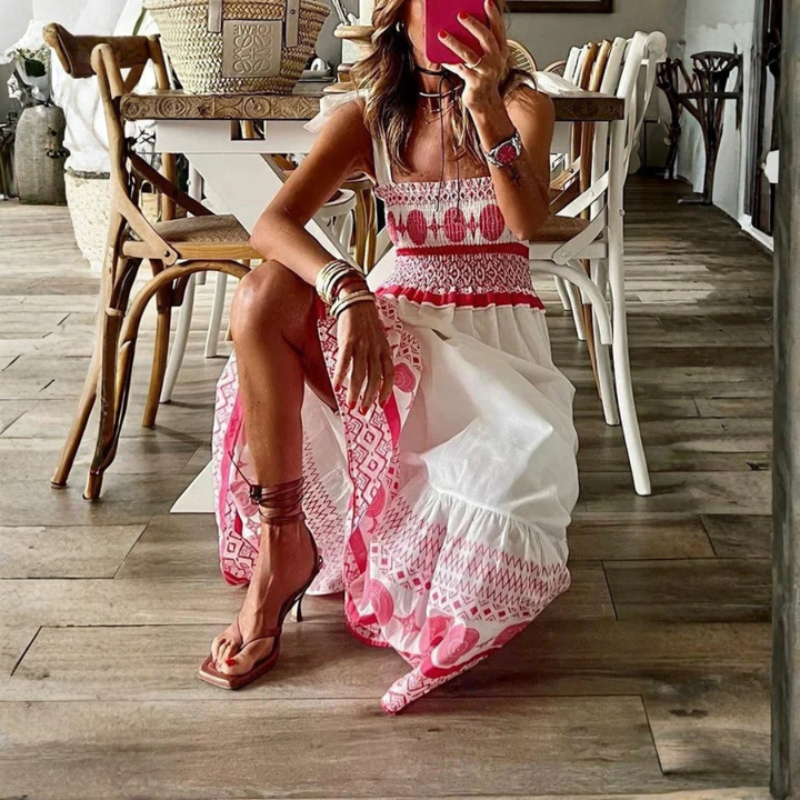 Asymmetrical hem white pink geometric maxi dress seated style with heels