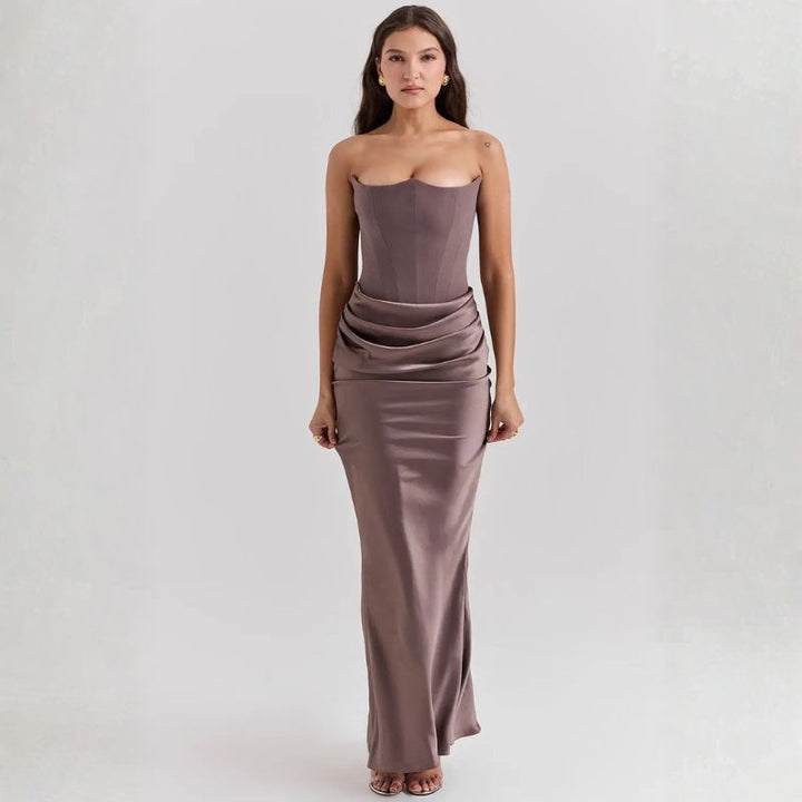 Dusty rose strapless corset satin maxi dress with vertical seams and ruched waist