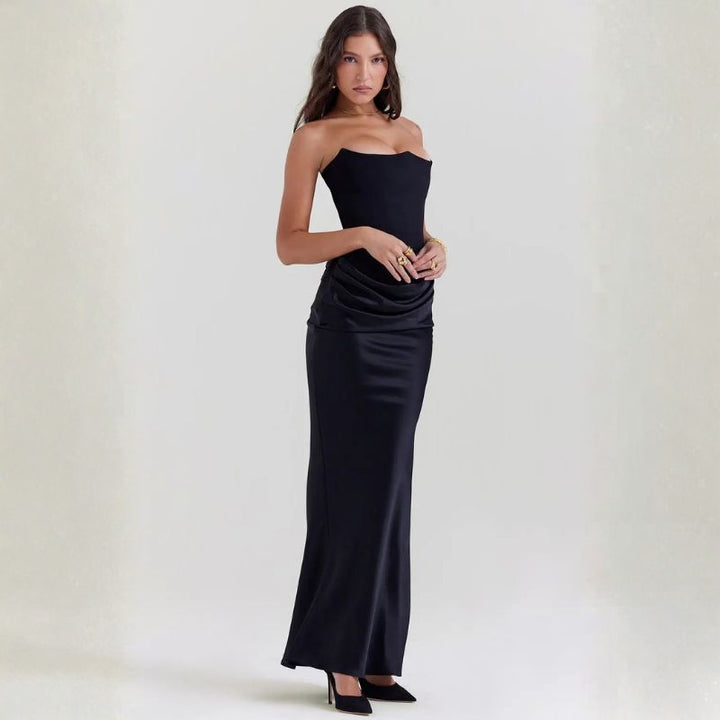 Black strapless corset satin maxi dress side view showing ruched waist detail