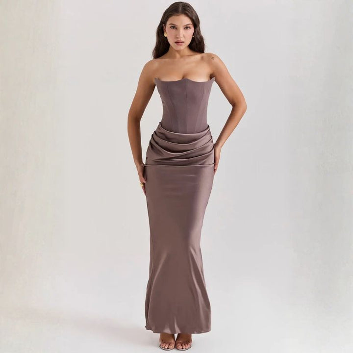 Taupe strapless corset satin maxi dress with sweetheart neckline and ruched waist