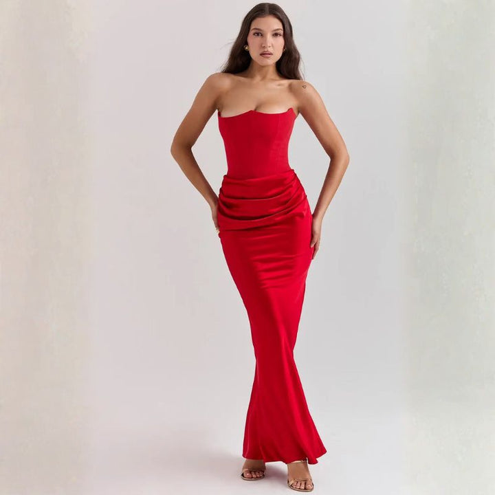 Vibrant red strapless corset satin maxi dress with defined ruched waistband