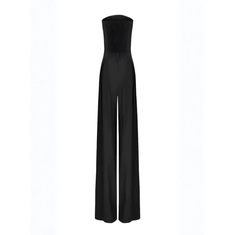 Black strapless wide-leg crepe jumpsuit with tailored waist and straight neckline