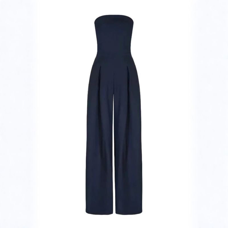 Navy blue strapless wide-leg crepe jumpsuit with fitted high-waisted bodice