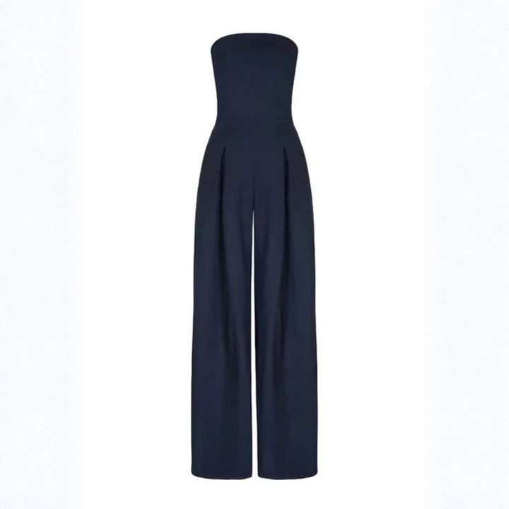 Navy blue strapless wide-leg crepe jumpsuit with fitted high-waisted bodice