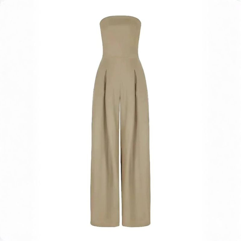 Beige strapless wide-leg jumpsuit featuring vertical front pleats and tailored waist