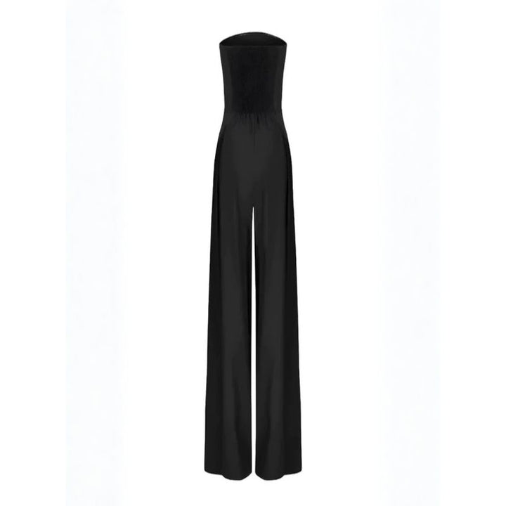 Black strapless pleated front pocket jumpsuit showing smooth crepe fabric drape