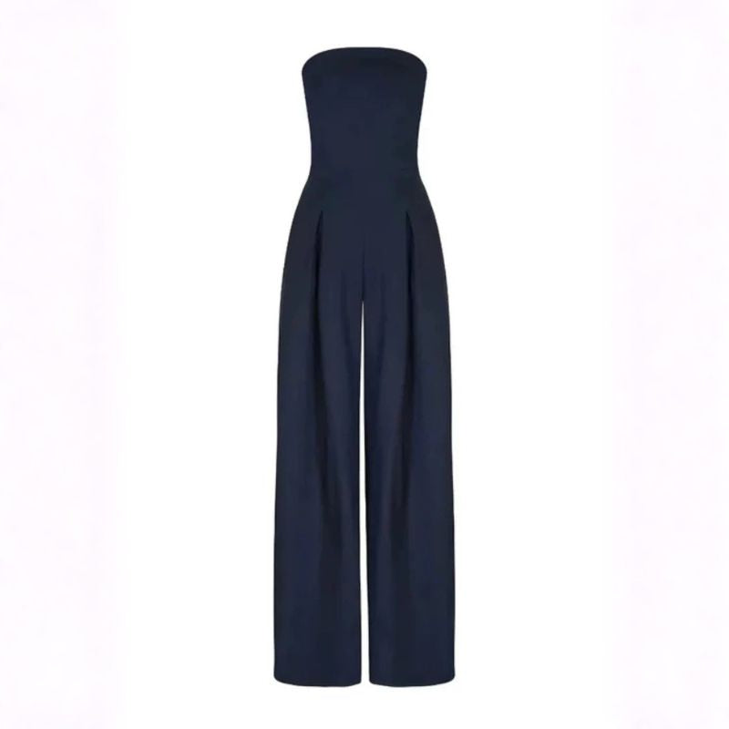 Flat lay navy blue strapless jumpsuit showing vertical front pleat details