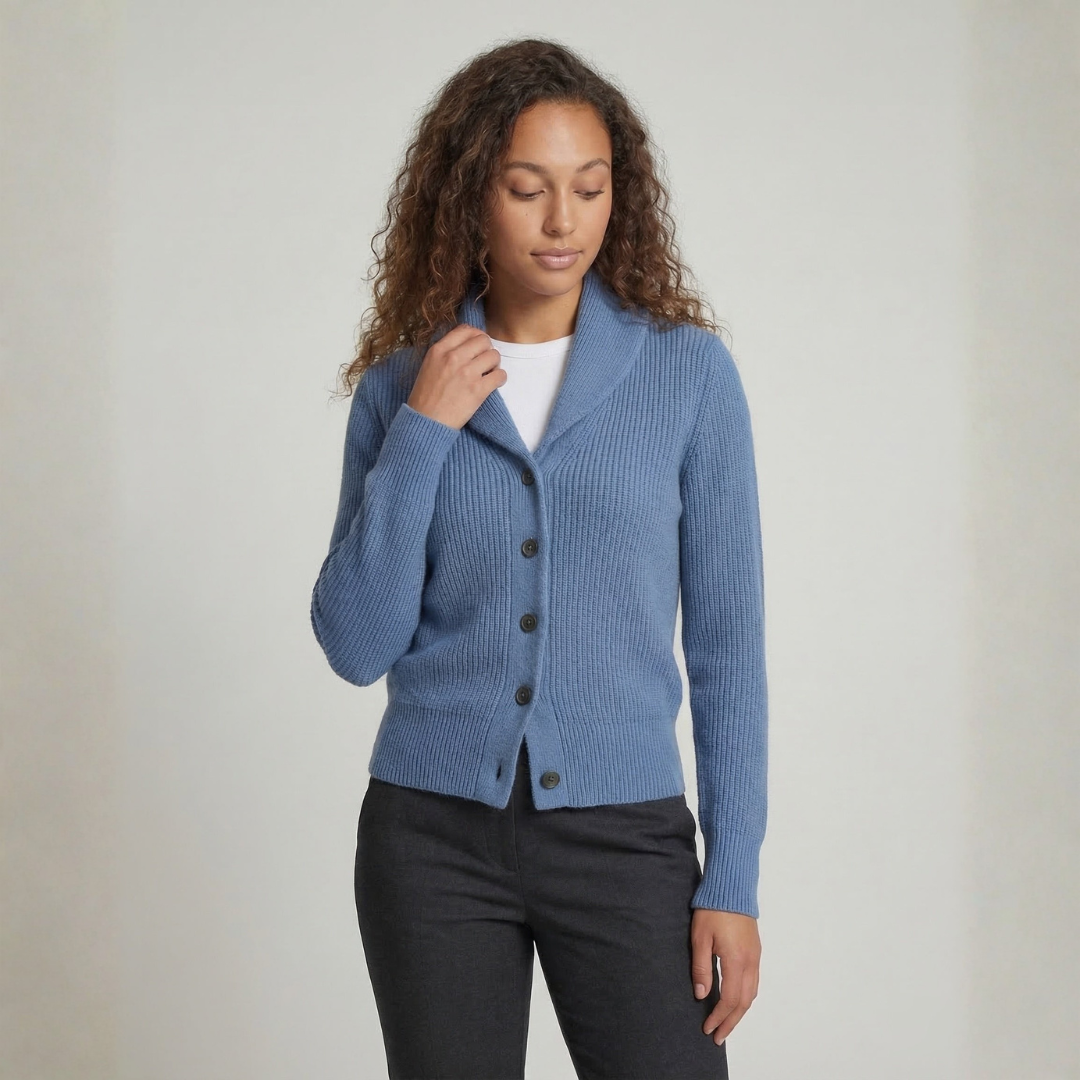 Light blue ribbed cardigan styled with white top and gray pants