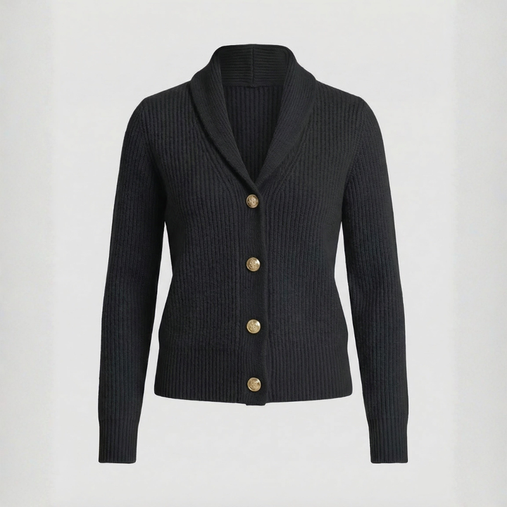 Black ribbed knit cardigan with gold-toned buttons and lapel collar