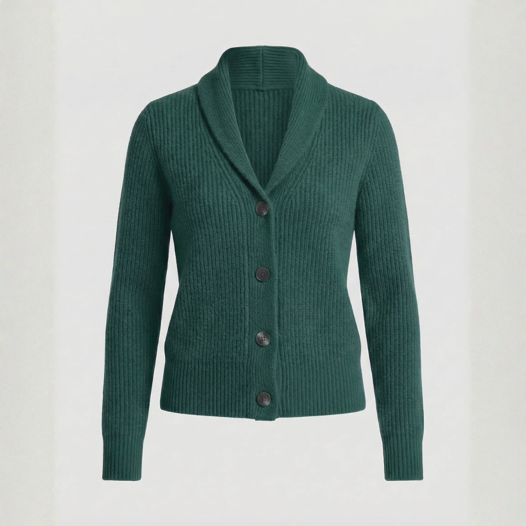Dark green ribbed knit cardigan with lapel collar and brown buttons