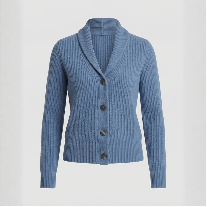 Light blue button-front cardigan with shawl lapel collar detail