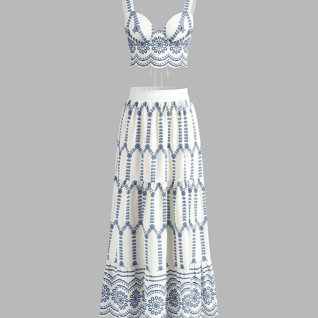 Boho white two-piece maxi set with tiered skirt and embroidered crop top