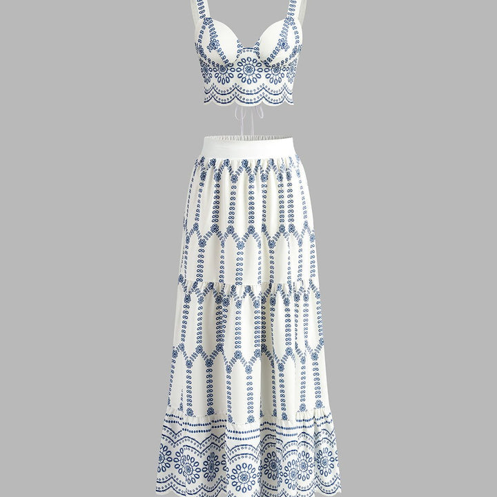 Boho white two-piece maxi set with tiered skirt and embroidered crop top